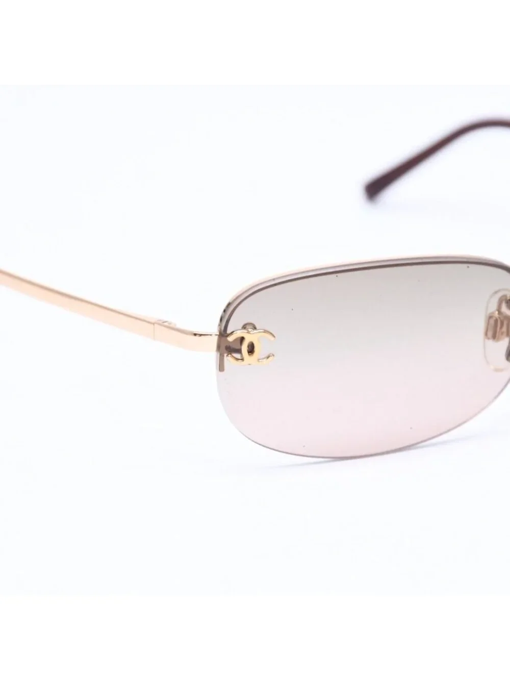 Chanel Rimless Sunglasses Side CC Logo Metal Brown Gold Eyewear
